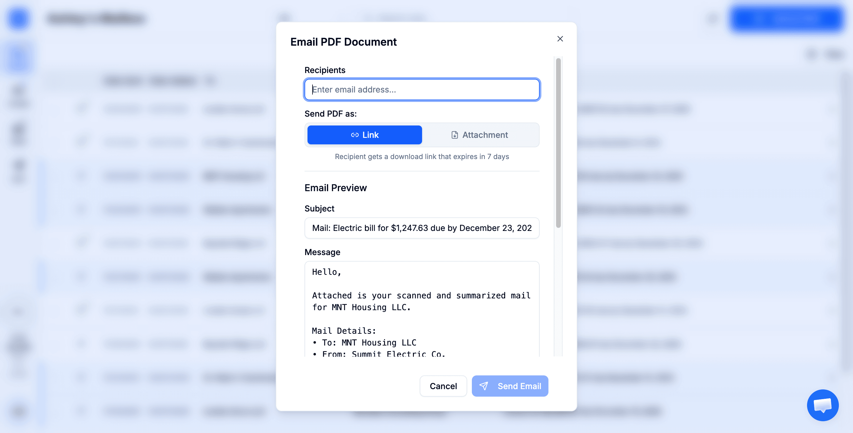 Email modal with Link mode selected