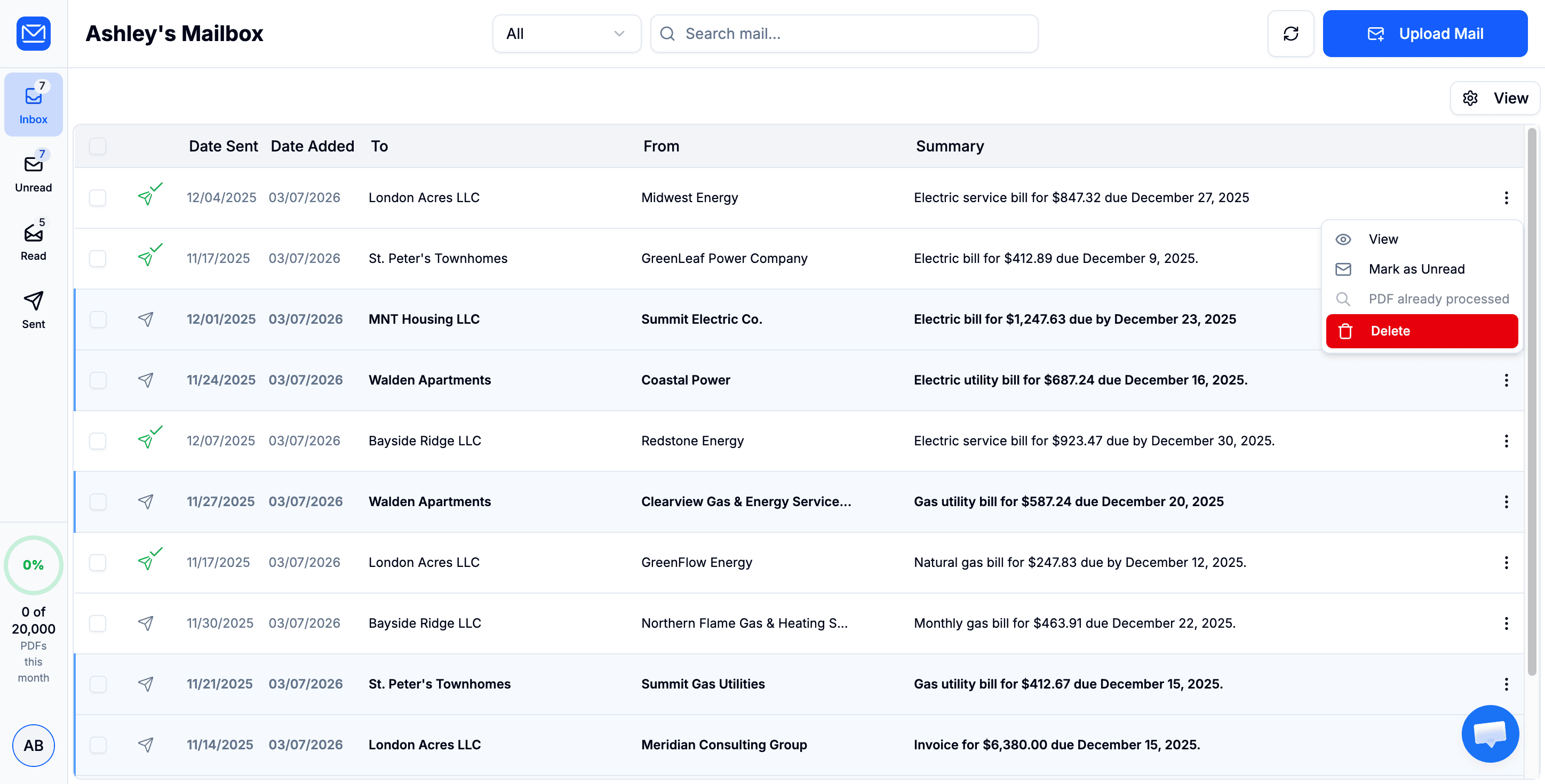 Row actions dropdown menu with View, Mark as Unread, and Delete options