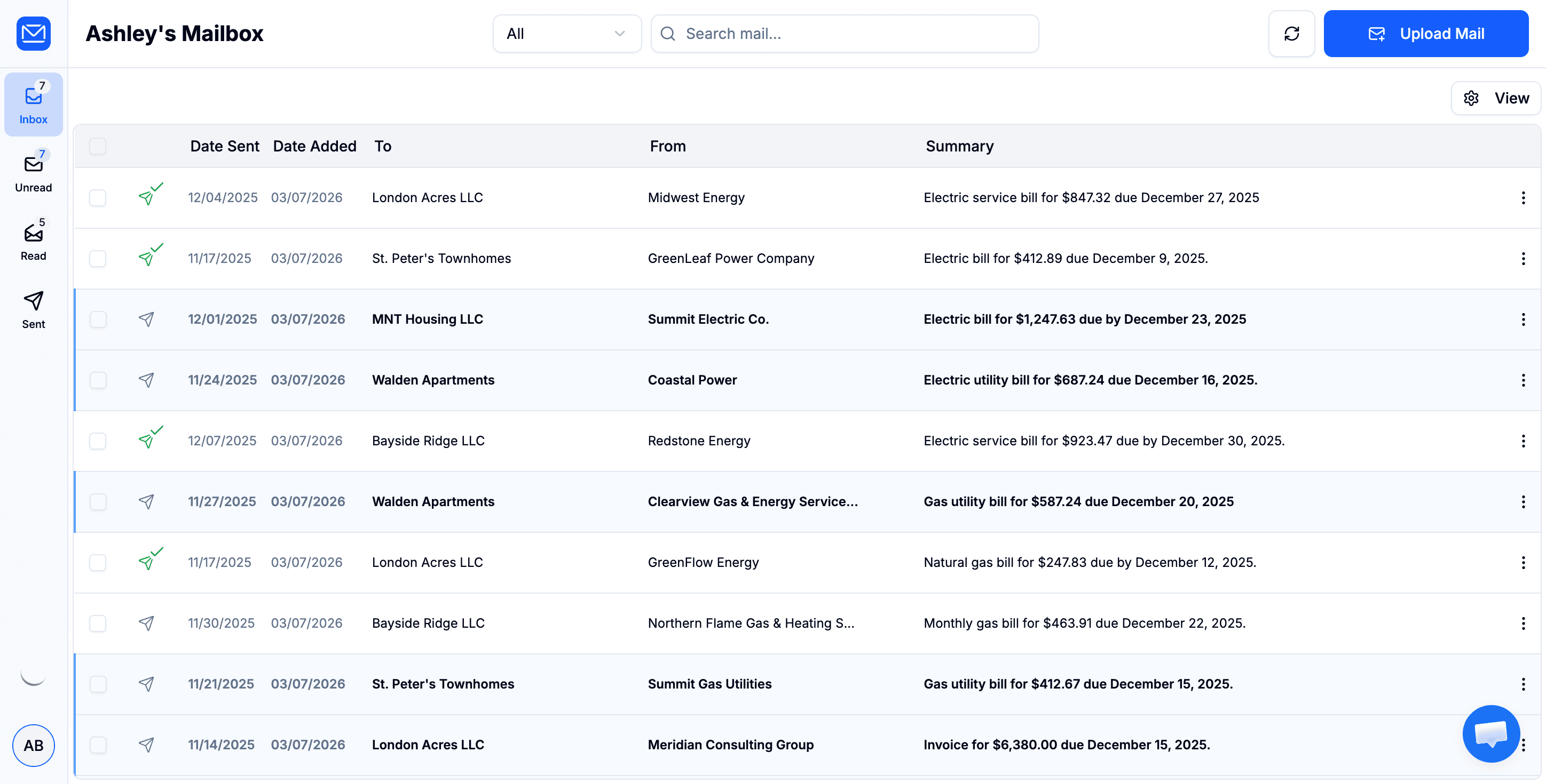 Mail Sorter mailbox overview showing all mail items in a table