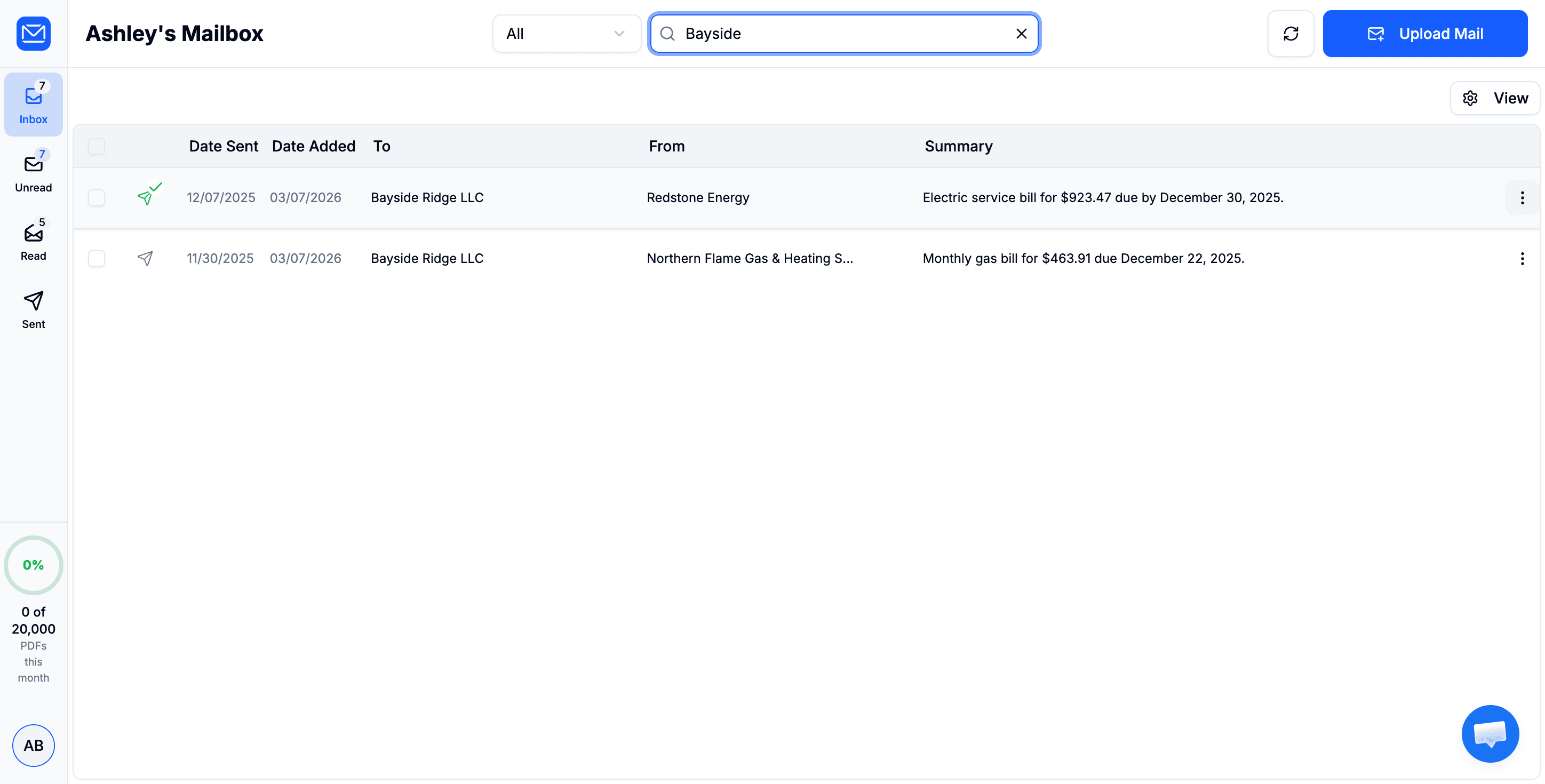 Mailbox search filtering results by keyword