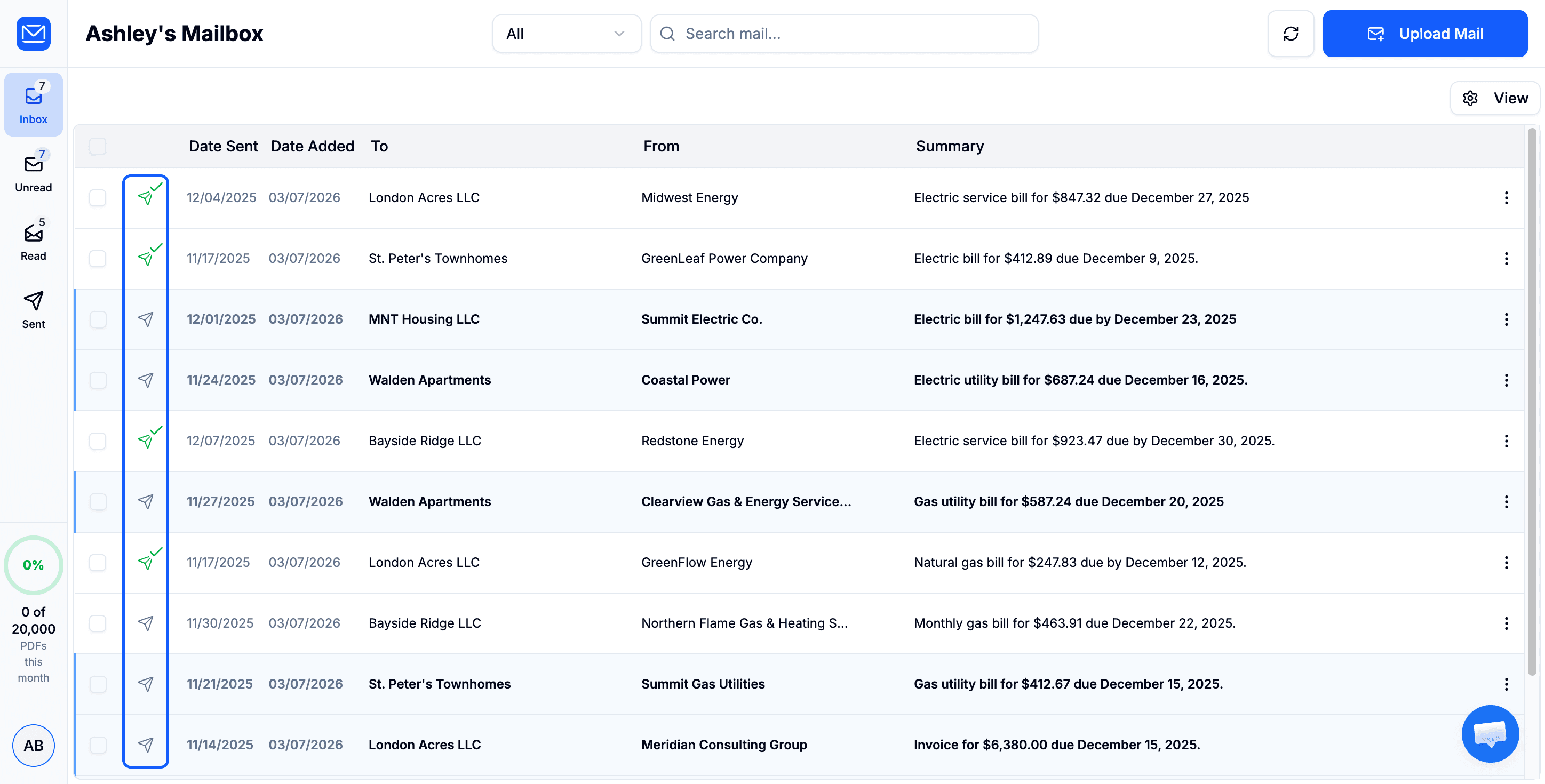 Mailbox view showing the send icon on each mail item row
