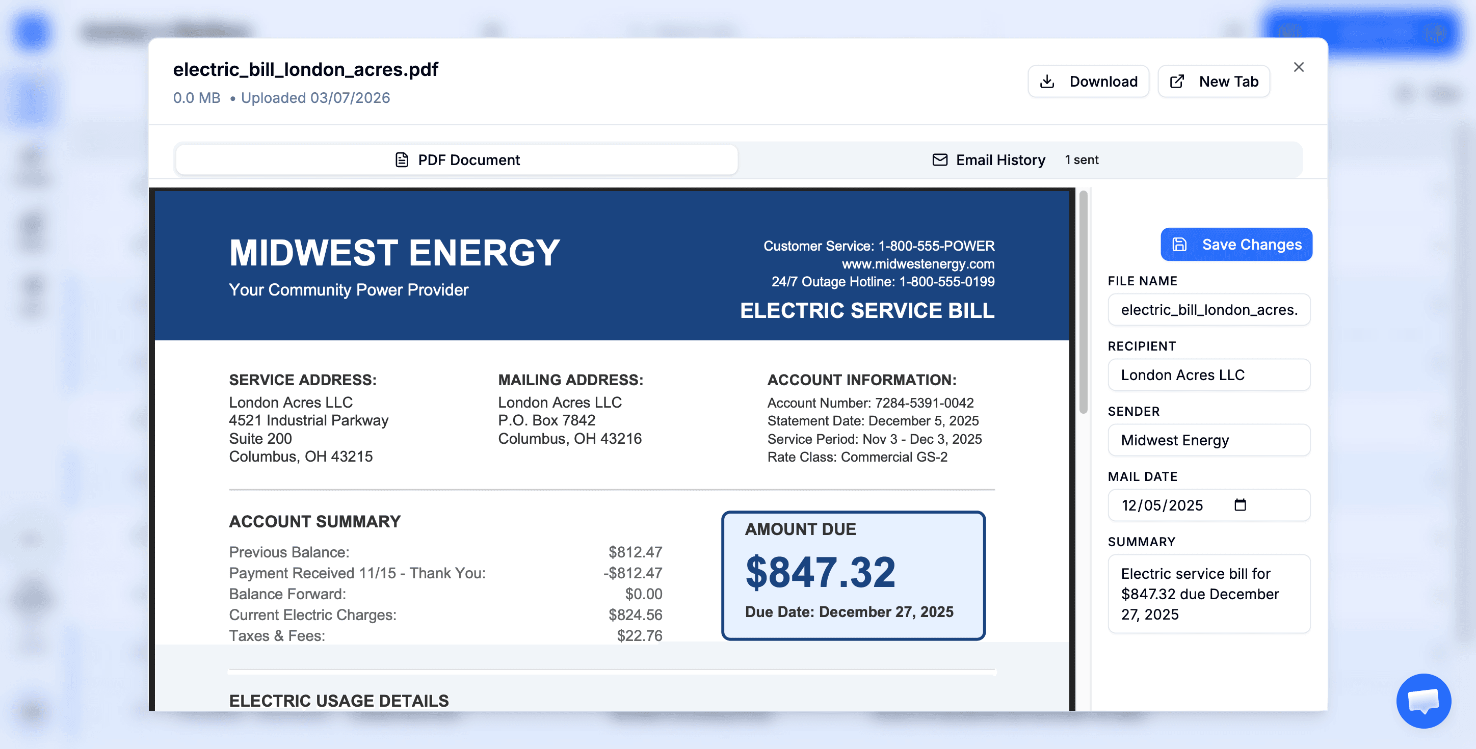 PDF viewer in edit mode with editable sender, recipient, and date fields