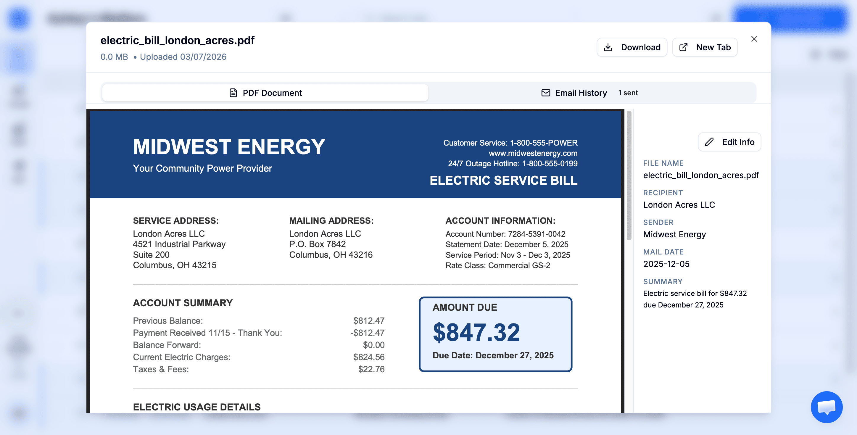 PDF viewer showing a scanned document alongside extracted metadata
